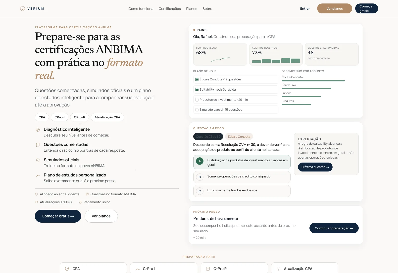 Verium editorial dashboard with greeting, next step and personalized preparation.