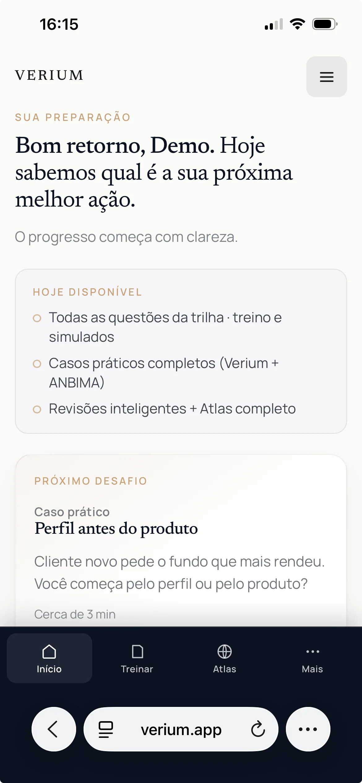 Verium editorial dashboard with greeting, next step and personalized preparation.